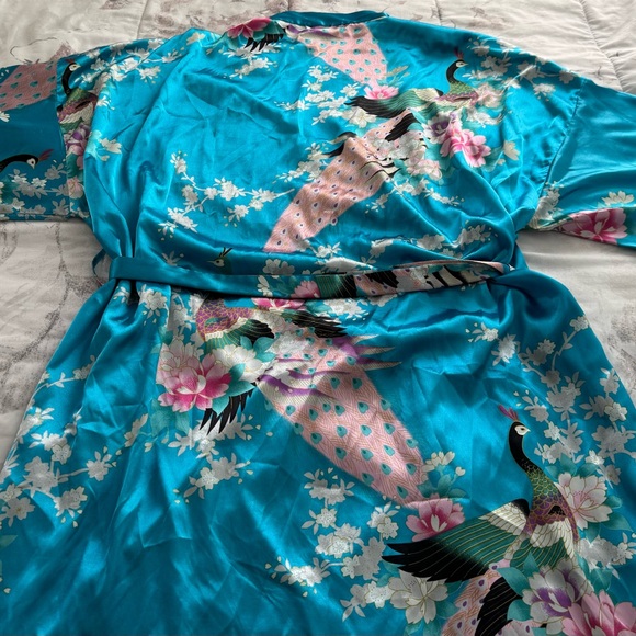 Applesauce teal blue satin peacock floral silk-like belted robe, one size boho - Picture 9 of 16